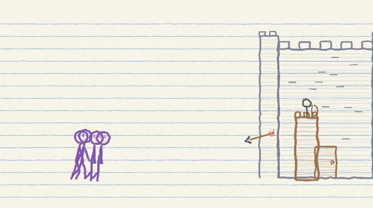 Doodlefort: crayon stick-figure invaders approach a pencil-drawn castle on ruled notebook paper.