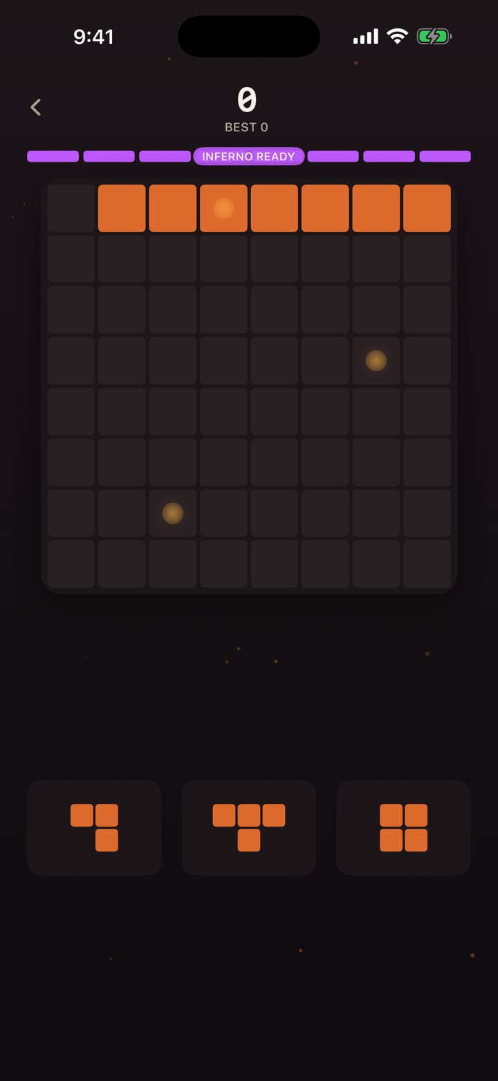 Emberline: an 8×8 board with a full orange line and glowing embers; the Inferno meter reads Inferno ready.