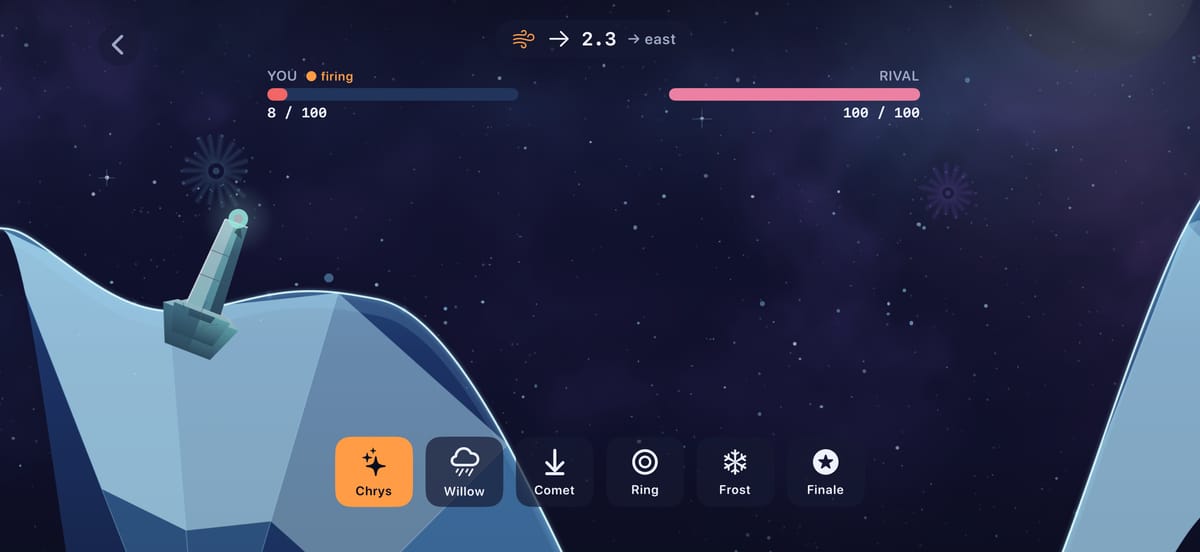 Skyburst: a crystal mortar aims across a night sky; the wind reads 2.3 east; six shell types below.